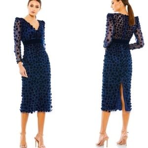 Mac Duggal NWT Embellished V Neck Illusion Long Sleeve MIDI Dress